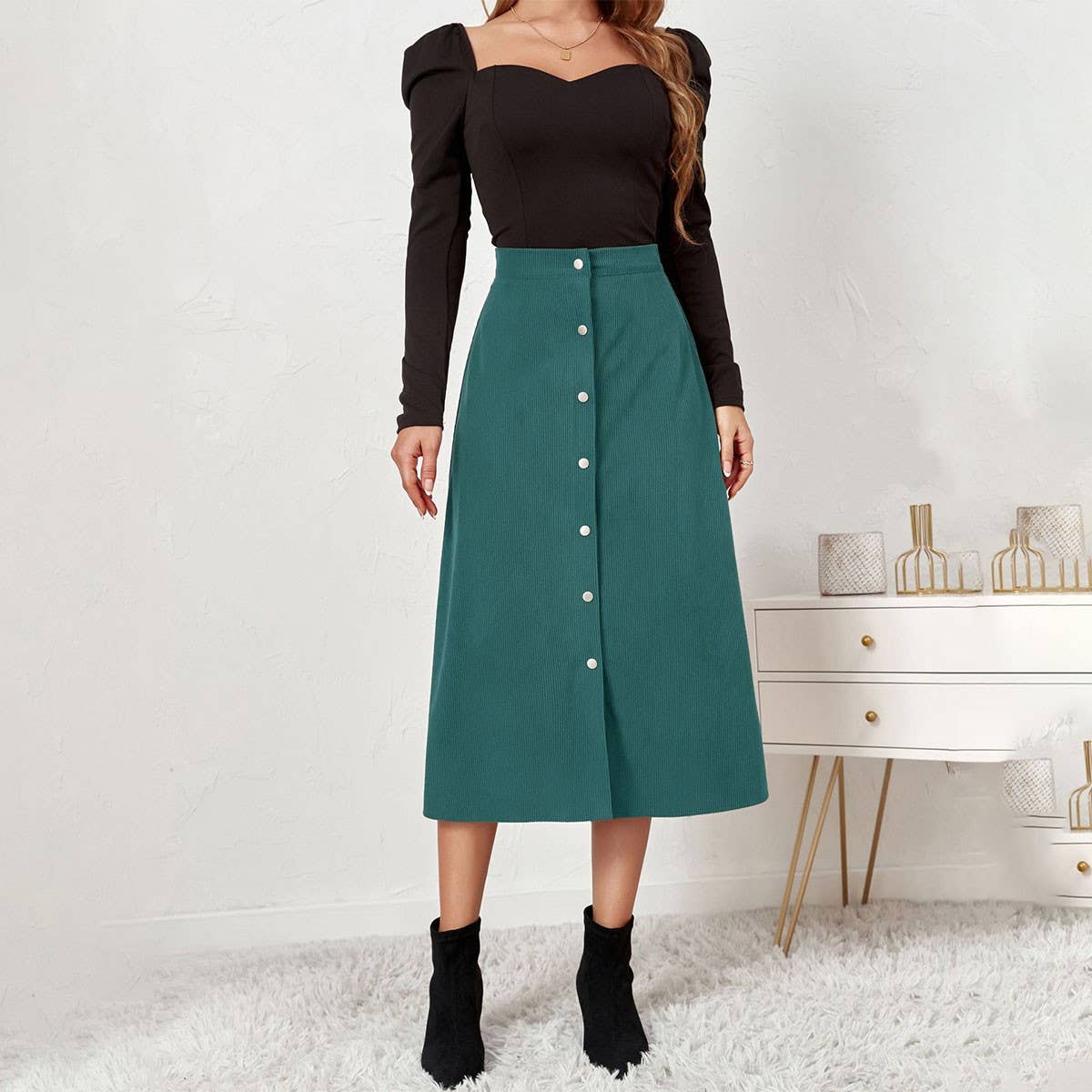CORDUROY SKIRT SINGLE BREASTED HIGH WAISTLONGSKIRT_CWBSS0372
