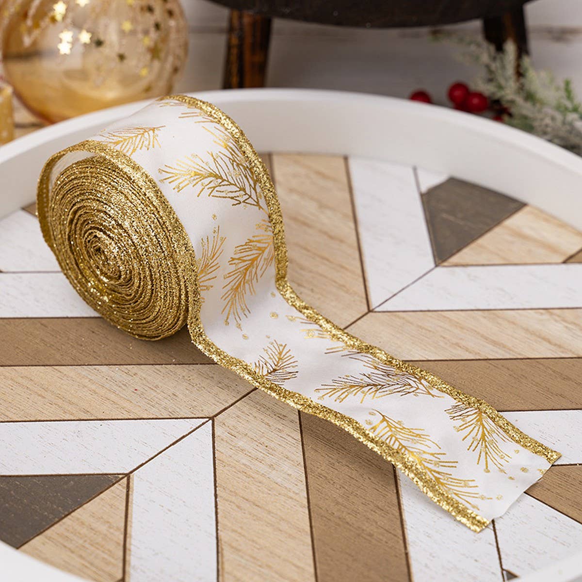 Cwmm10201_Christmas Glitter Ribbon Gold Gift Wrap Bow Craft