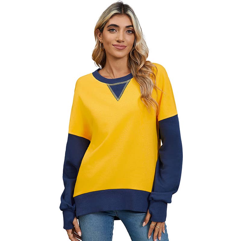 Two-Tone Round-Neck Loose Pullover Hoodie