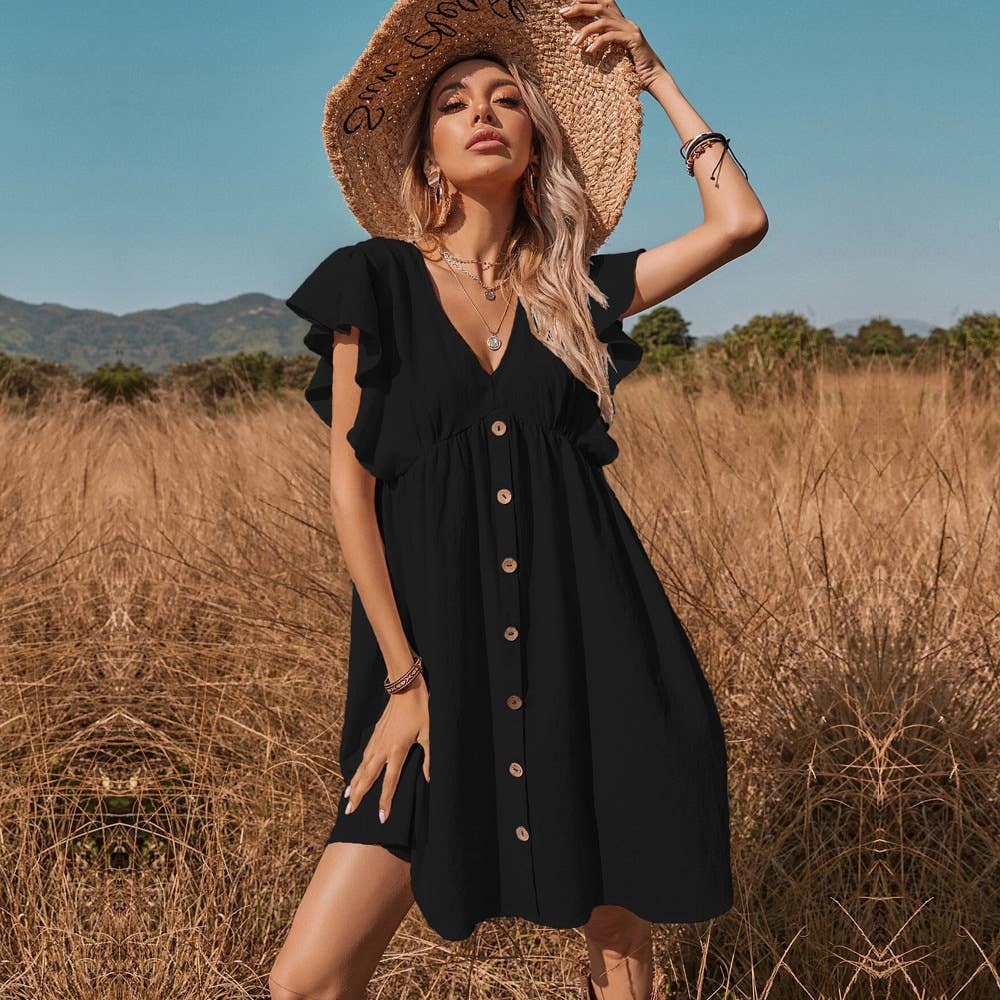 V-Neck Button-Up Flared Boho Dress