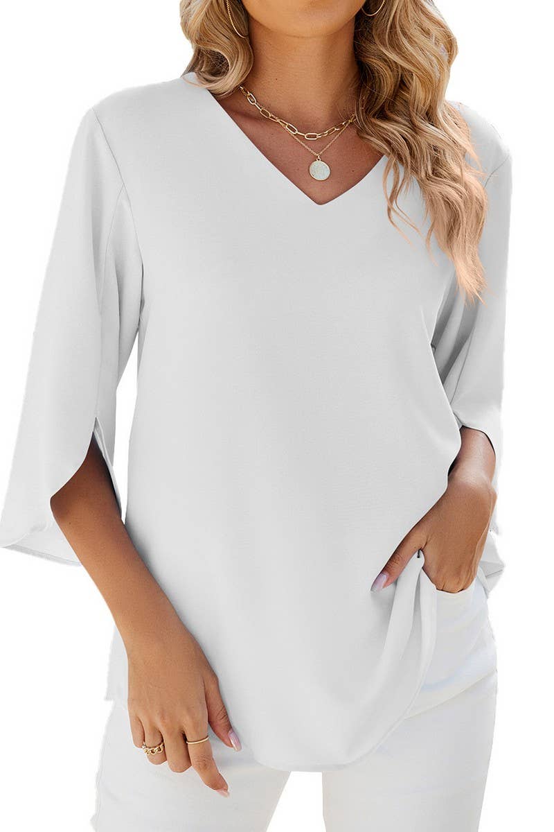 V Neck Ice Silk Solid Color Loose Casual Shirt_Cwtsts0184