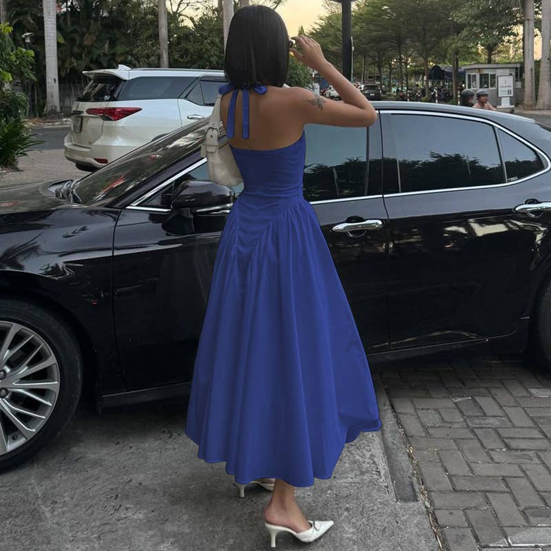 Solid Deep V Halter Cutout Flare Dress