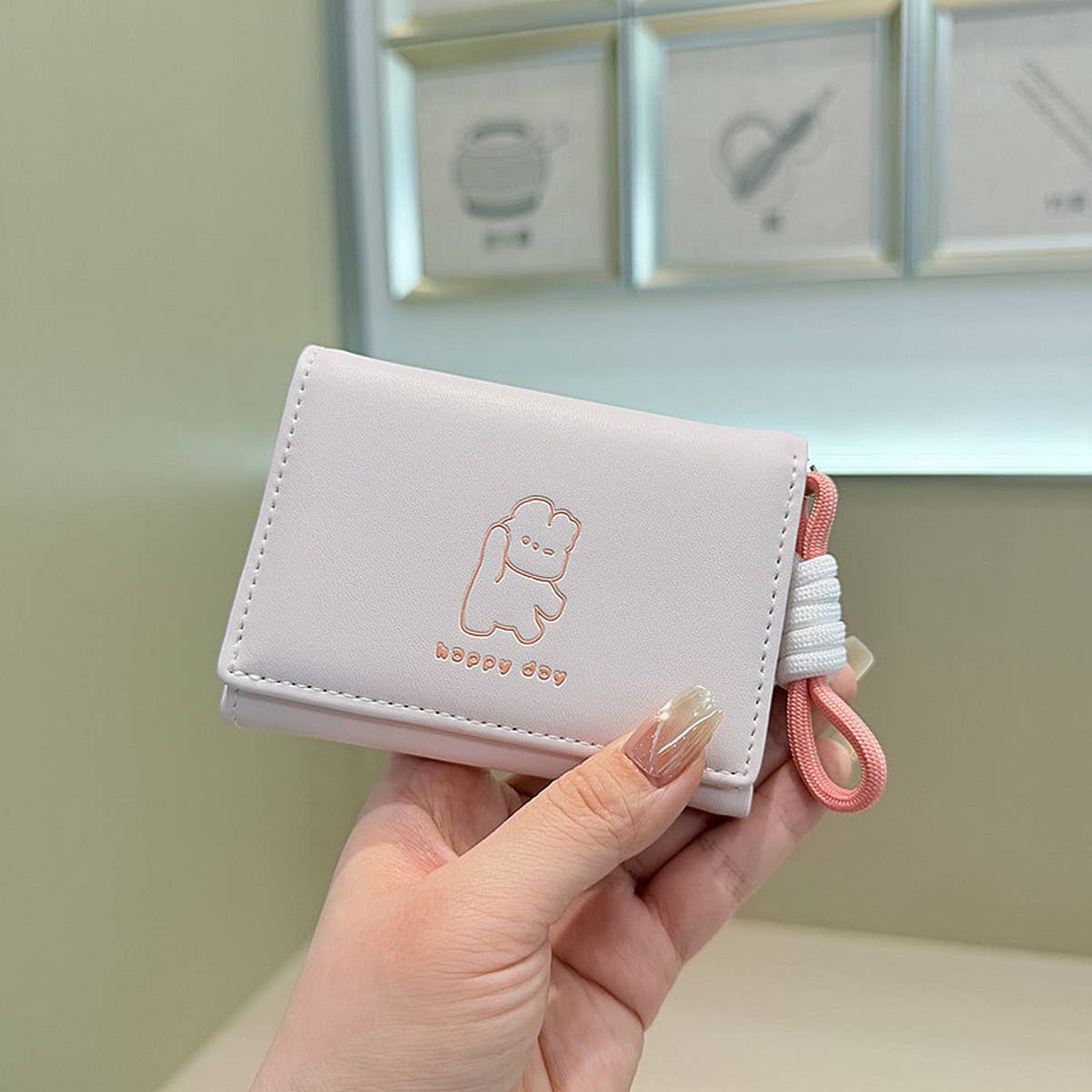 Cute Bear Print Wallet With Strap For Students_Cwab06241