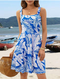 Square-Collar Pleated Halter Top Printed Dress