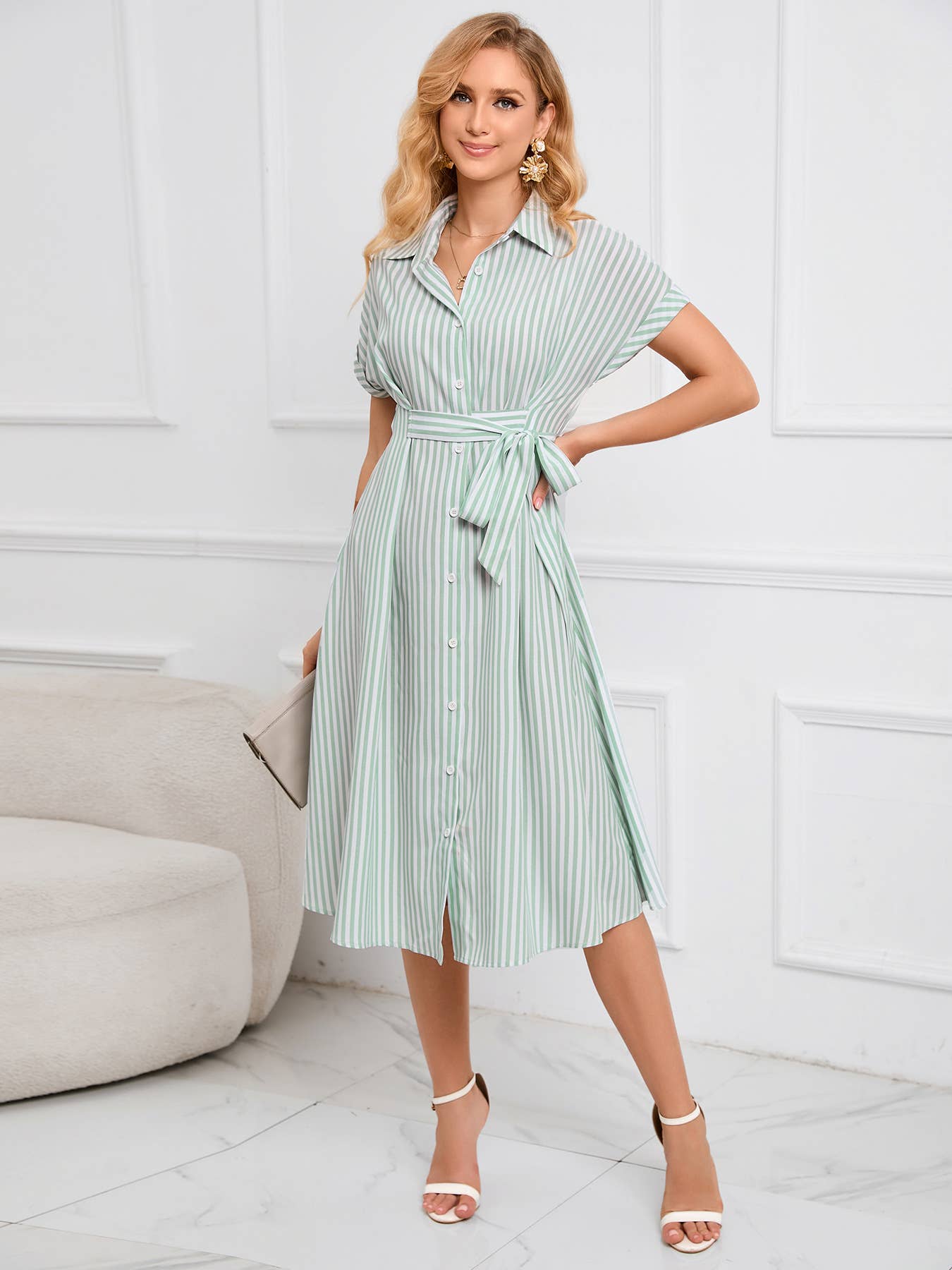 V-Neck Shirt-Style Single Breasted Striped Dress