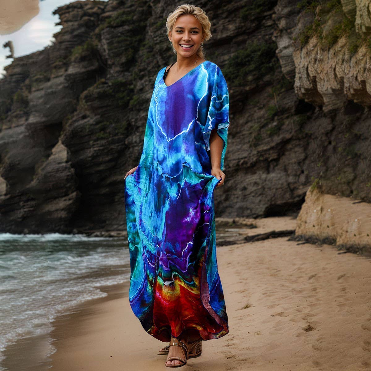 RAYON TIE DYE BEACH KIMONO COVER UP ROBE_CWMM6154