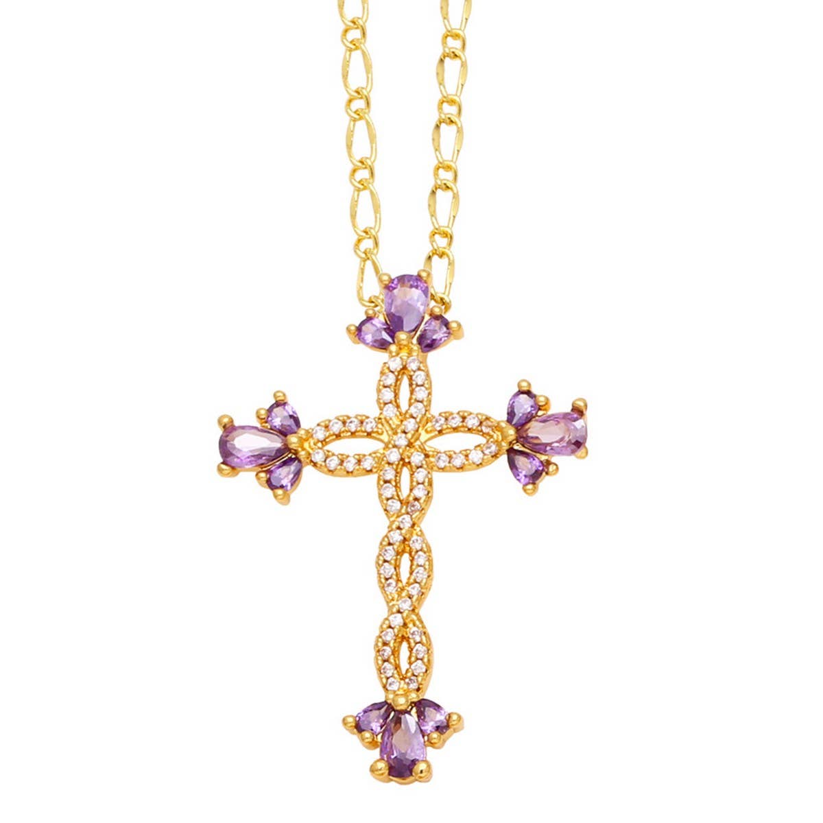 COLORED ZIRCON CROSS PENDANT NECKLACE_CWAJE0910