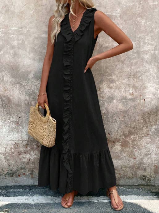 Solid-Colored Cotton V-Neck Loose Wide-Hem Dress
