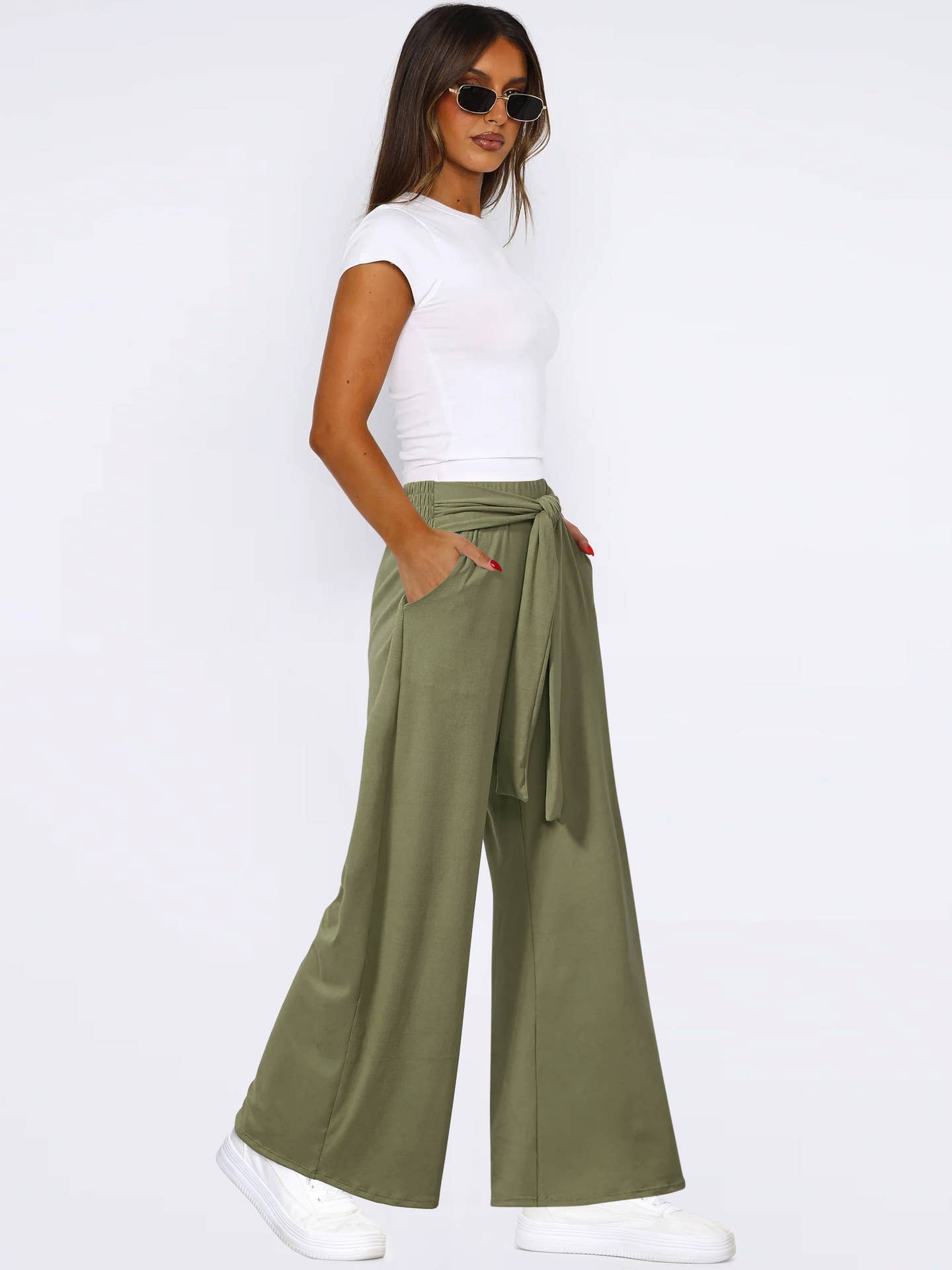 Solid Color Sag All-In-One Lace-Up Wide-Leg Pants