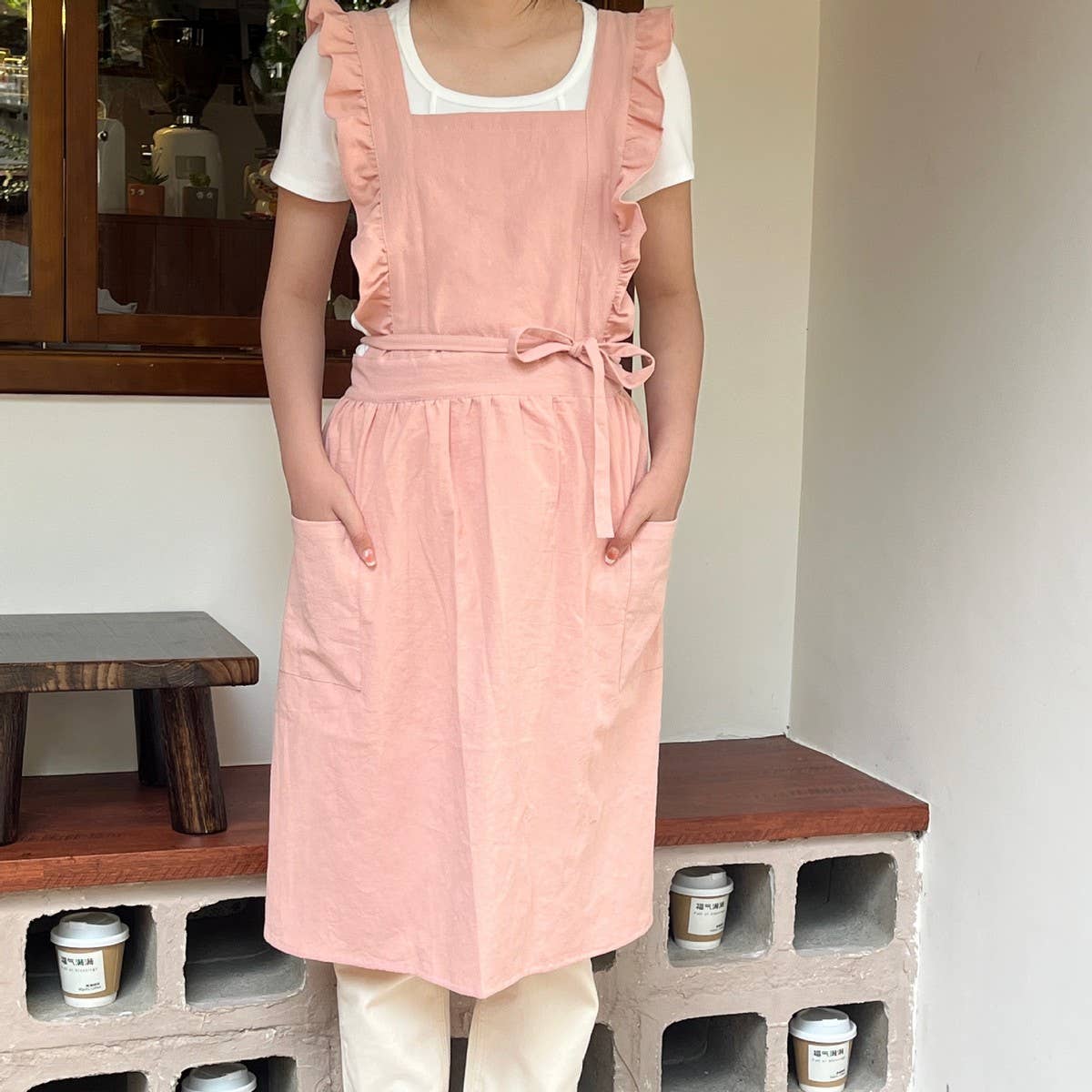 SOLID COLOR COTTON PASTORAL FLORAL SMOCK APRON_CWMM5829