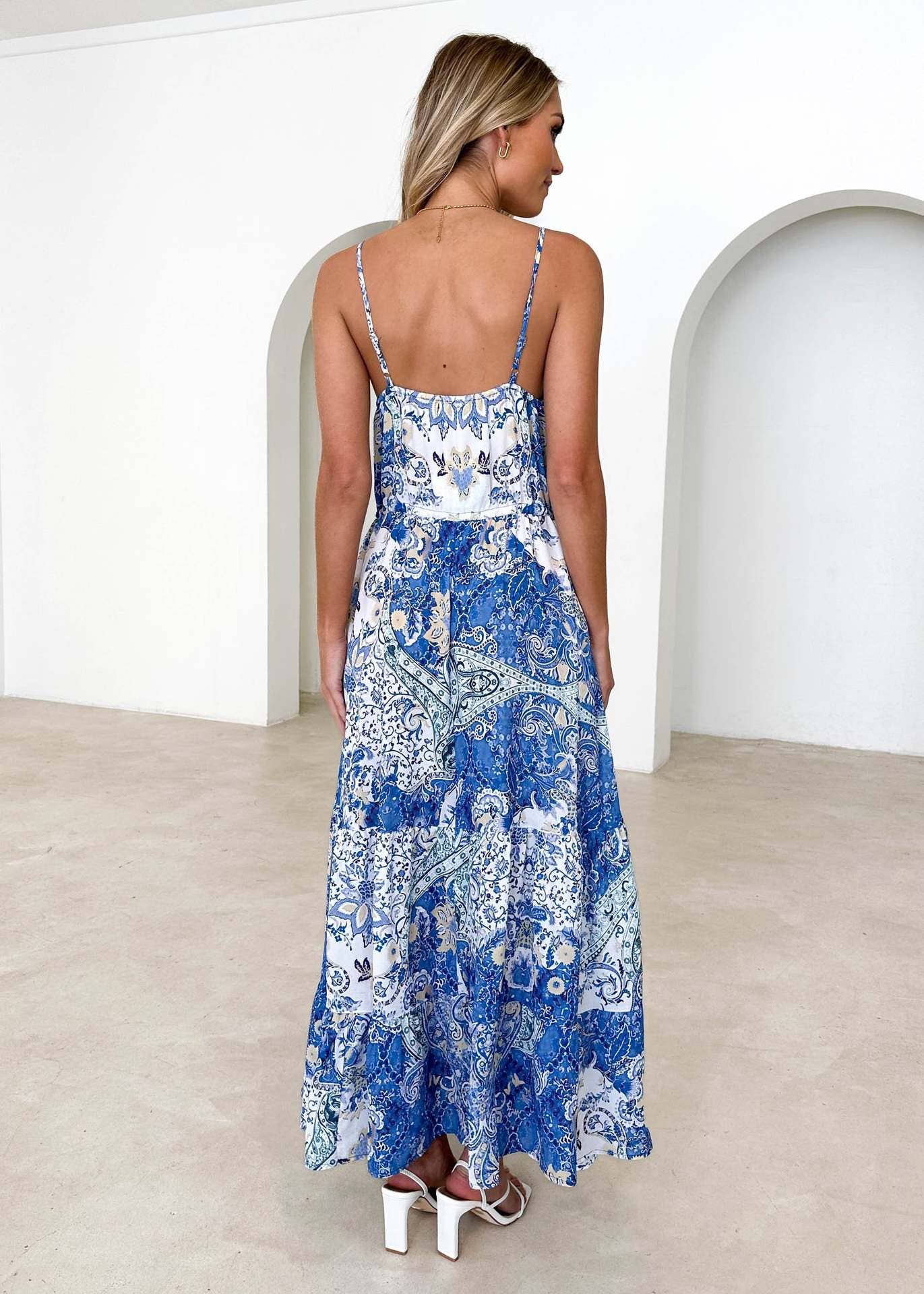 V-Neck Ethnic Print Halter Long Dress