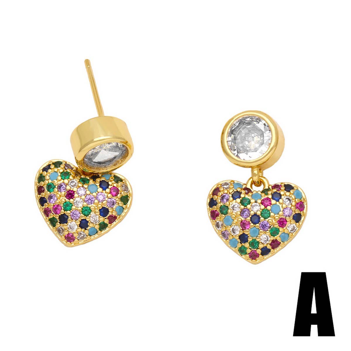 COLORED ZIRCON HEART RETRO ROUND EARRINGS_CWAJE1005