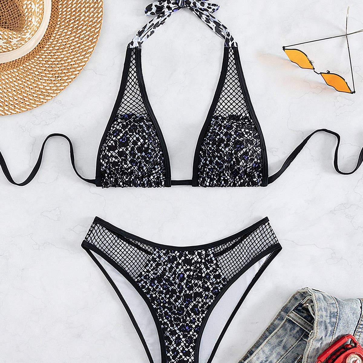 HALTER NECK FISHNET HOLLOW BIKINI SWIMSUIT_CWMW0323