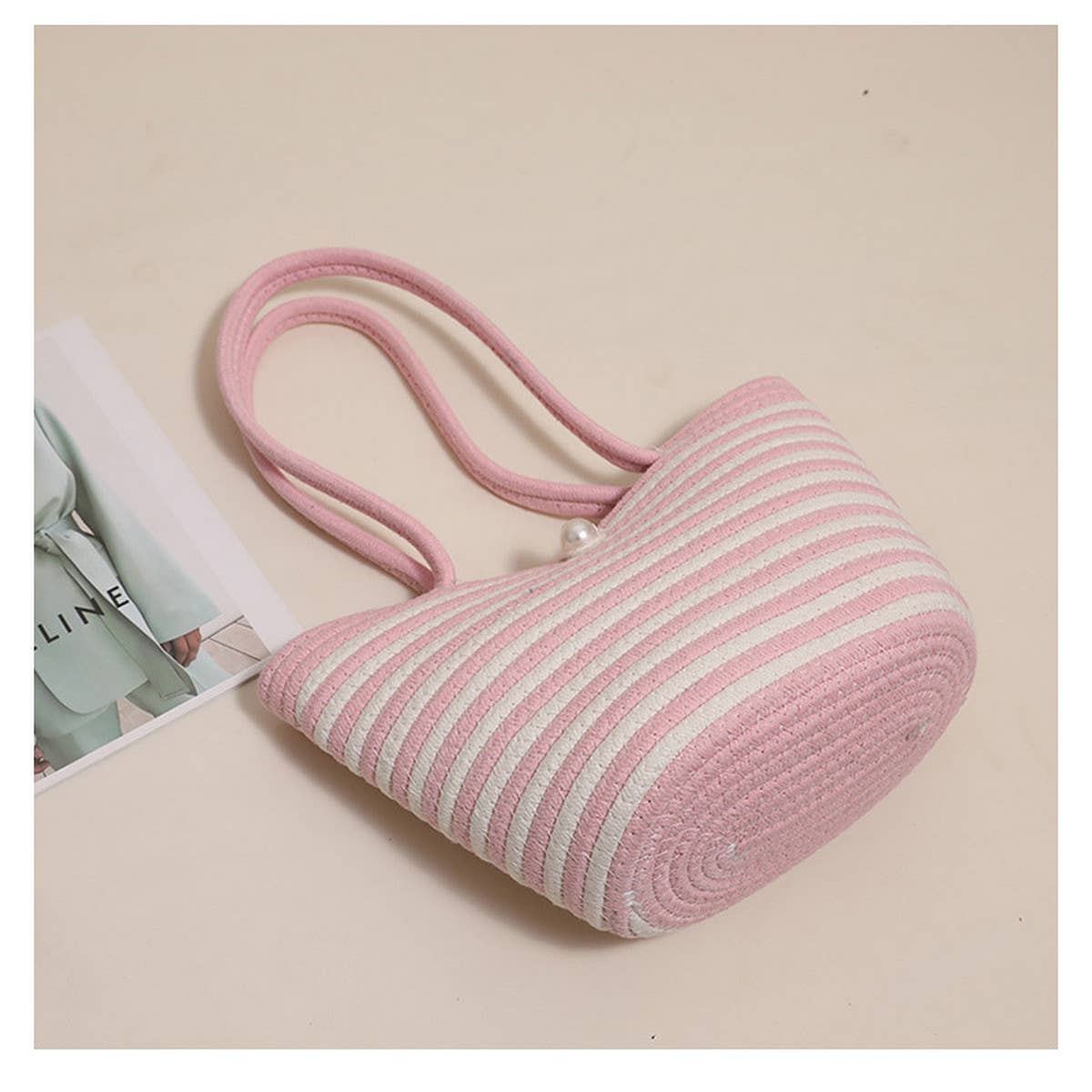 LARGE CAPACITY STRIPED SHOULDER BAG STRAW BAG_CWAB1882