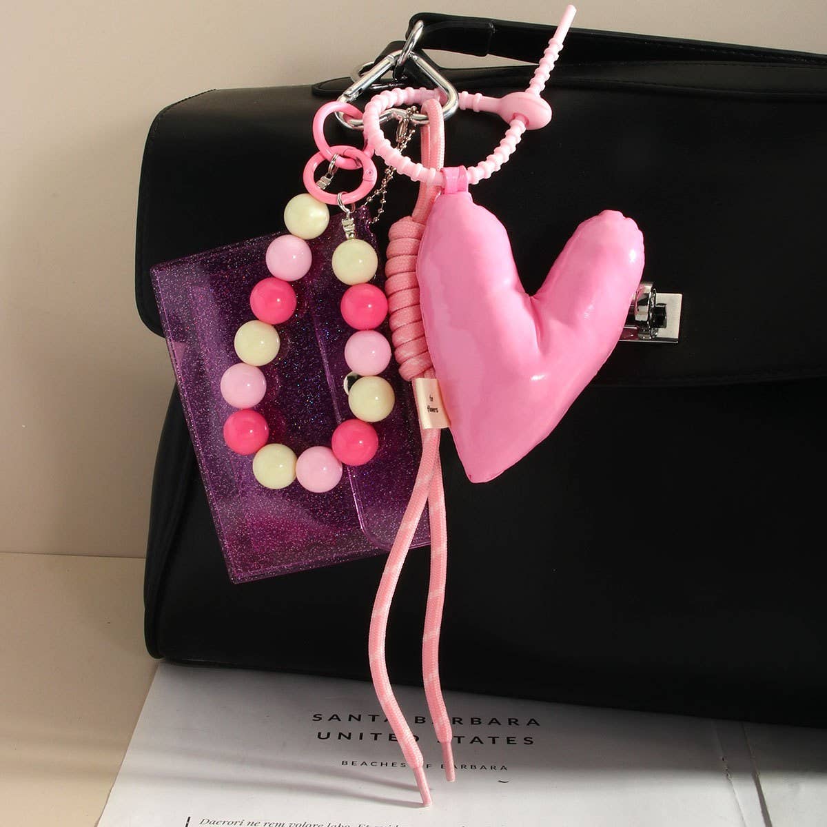 3D PINK PU HEART KEYCHAIN WITH BEADED COIN PURSE_CWMM7835