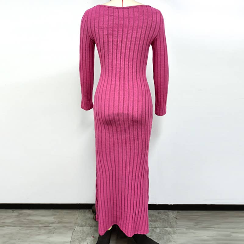 Square Collar Solid Color Long Long-Sleeved Dress