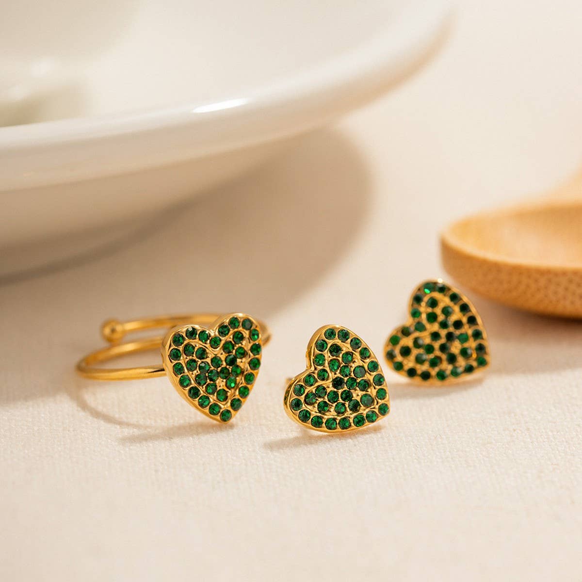 FASHION STEEL GREEN DIAMOND RING STUD EARRINGS_CWAJE1370