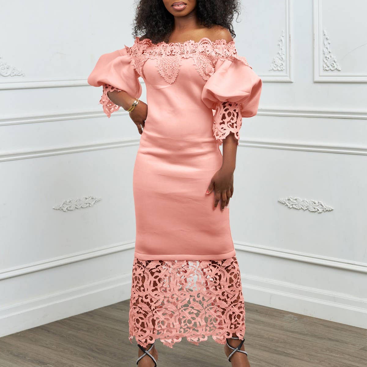 BOAT NECK LACE PATCHWORK LANTERN SLEEVE DRESS_CWDMD3683