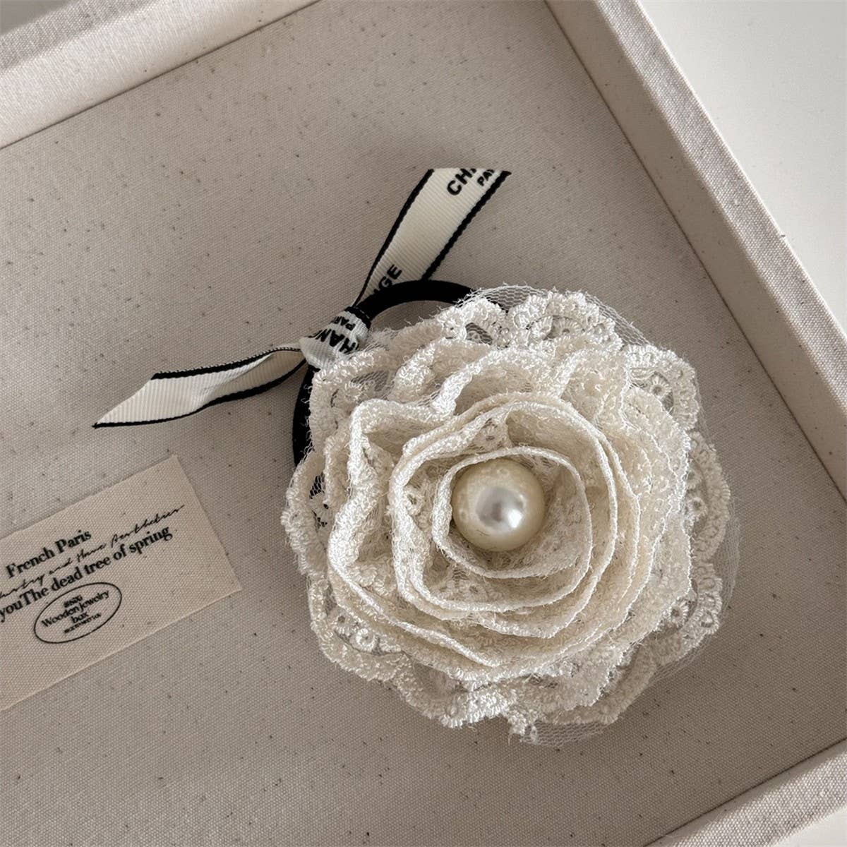 CREAMY WHITE LACE FLOWER PEARL BOW HAIRPIN_CWAHA4656