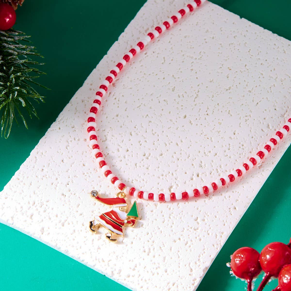 Cwaje2515_Christmas Tree Santa Claus Rice Bead Necklace