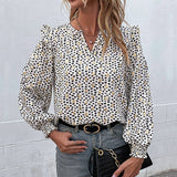 Women Long Sleeve V-Neck Polka Dot Ruffled Shirt