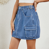 Wome Washed Denim Mini Skirt Adjustable Waist_Cwjsk0215