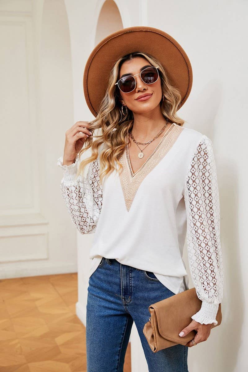 Cwtbll2401_V-Neck Lace Stitching Long-Sleeved Casual Top