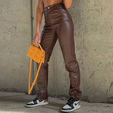 Solid Color Pu Leather Texture Slim Slack Pants
