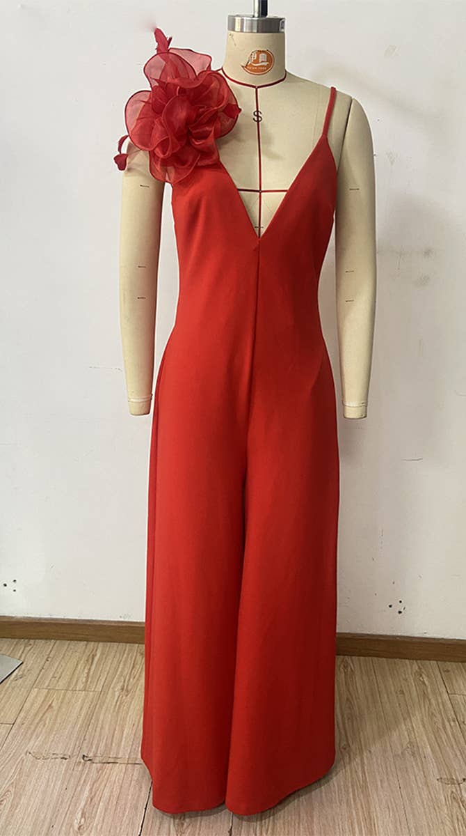 Three-Dimensional Floral Deep V Camisole Romper