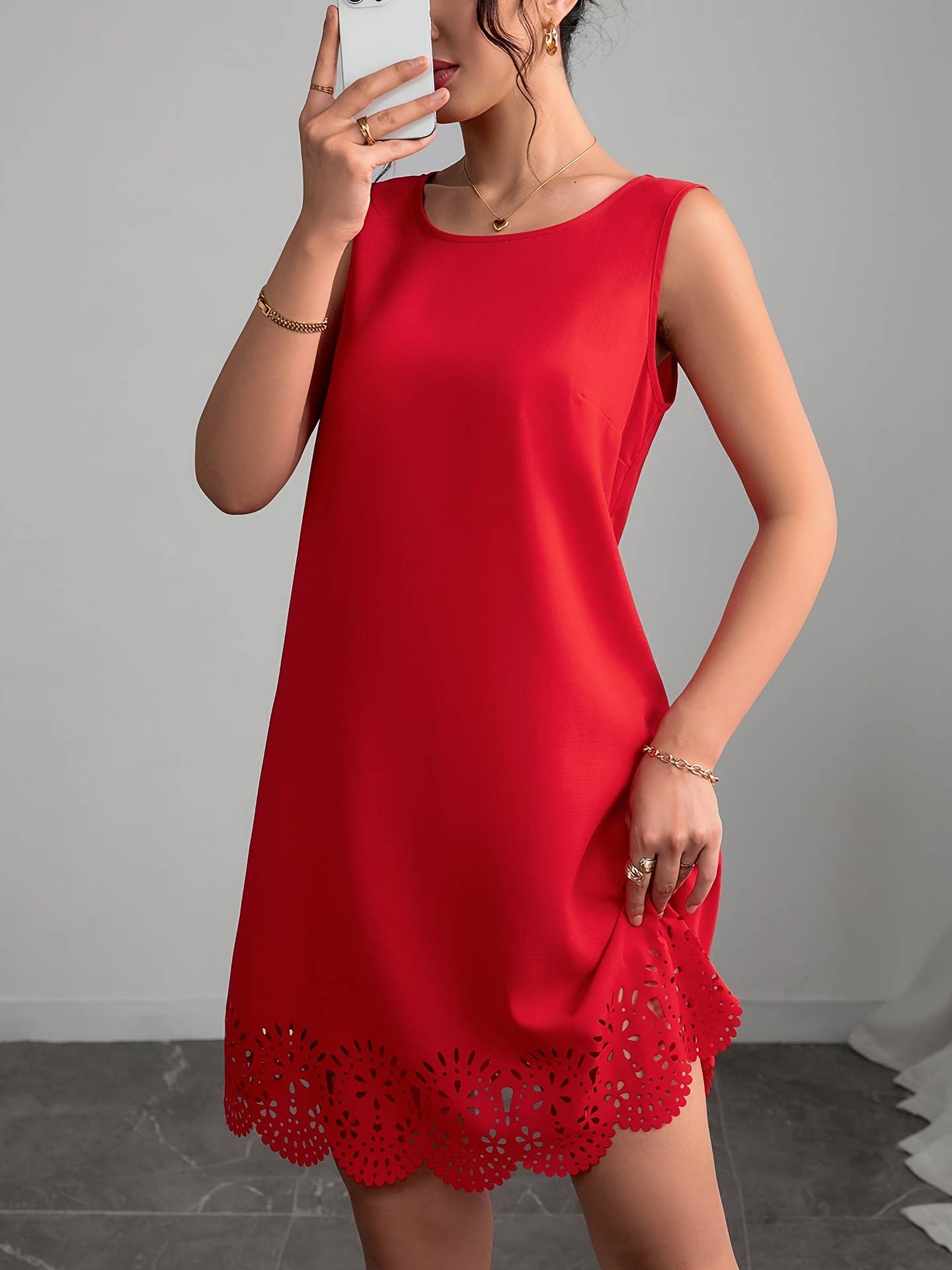 Solid-Color Round-Neck Vest Floral A-Line Dress