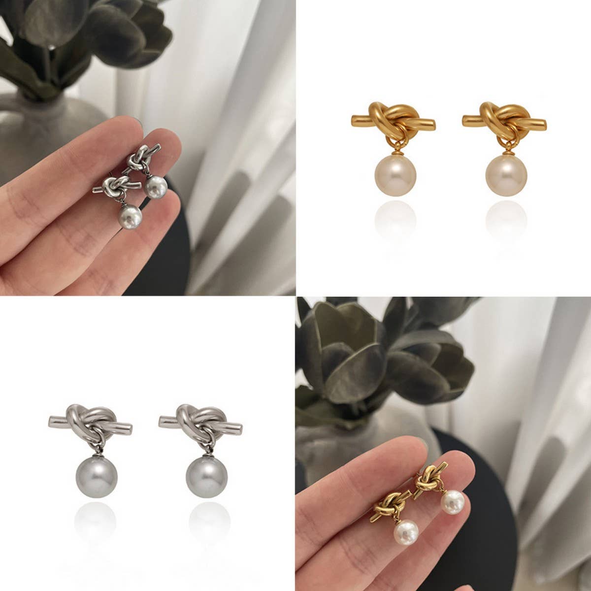 ROPE KNOT GREY PEARL STUD EARRINGS GOLD WHITE_CWAJE5038