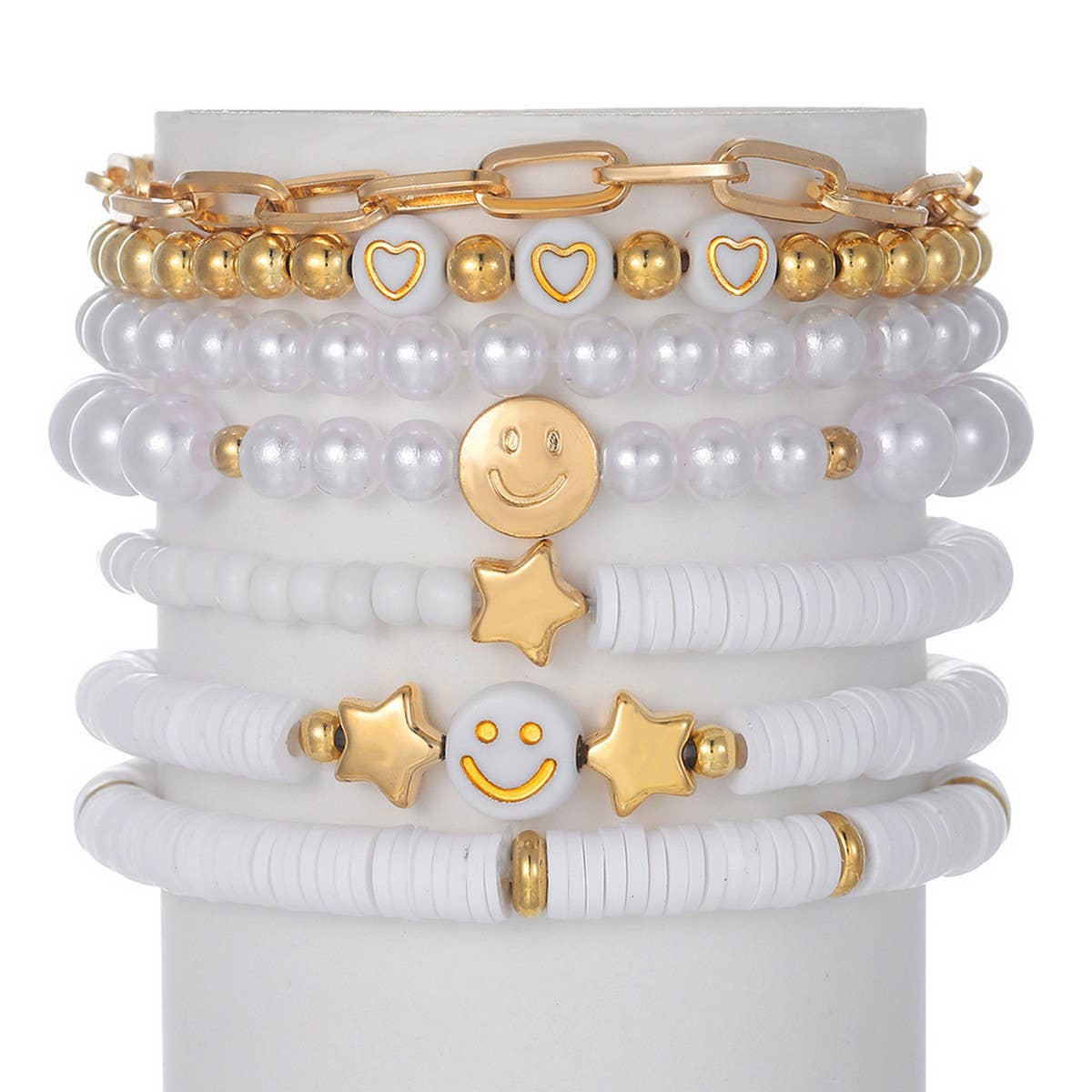 White Polymer Clay Star Smiley Face Bracelet Set_Cwmm3540