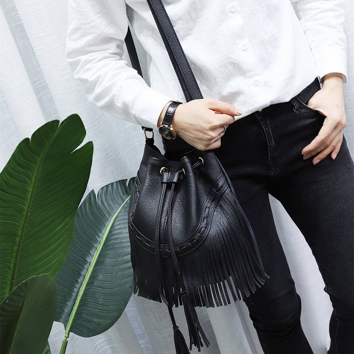 Cwab4539_Drawstring Handmade Tassel Bucket Shoulder Bag