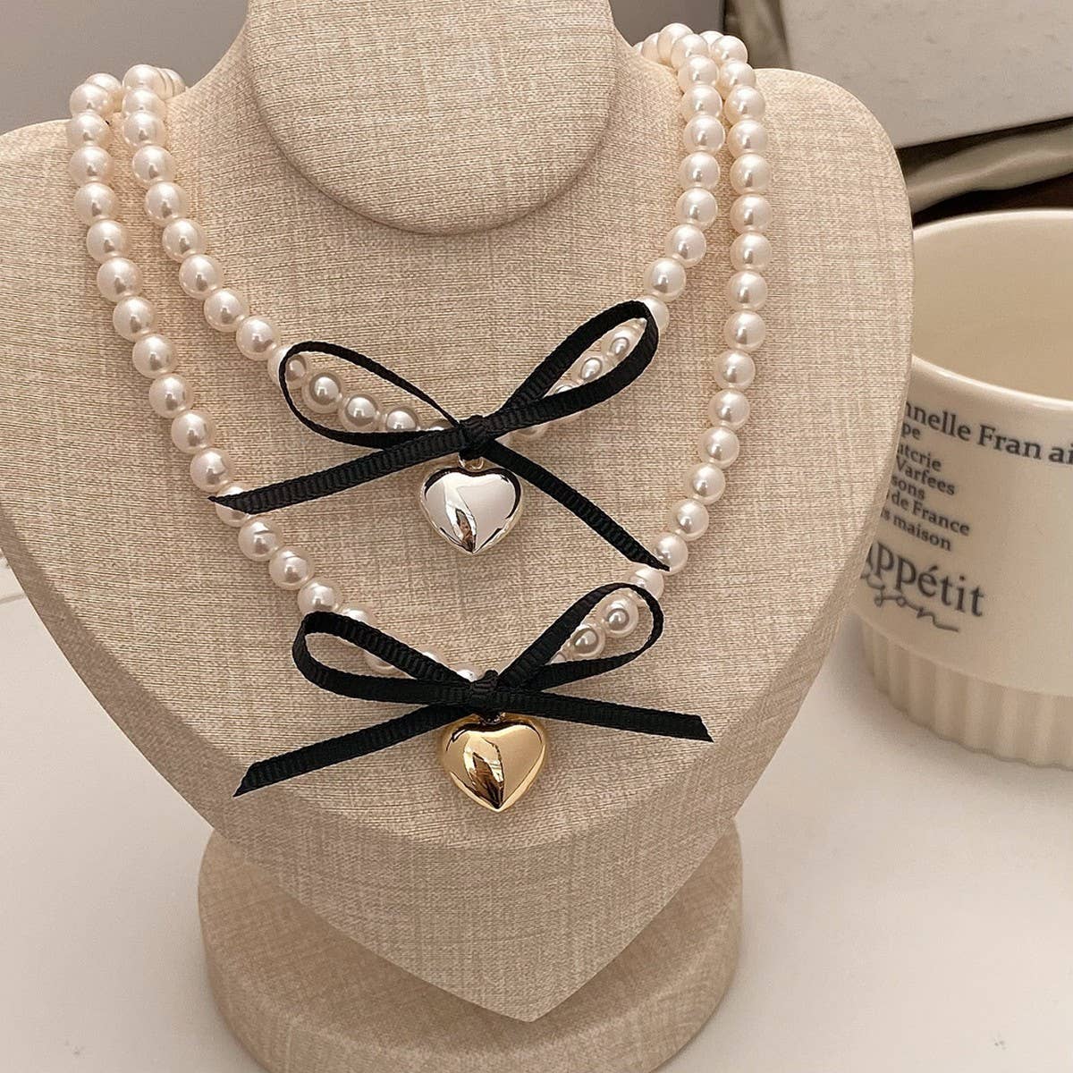 BOWKNOT DOUBLE PEARL HEART PENDANT NECKLACE_CWAJE3080