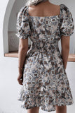 Square Collar Lantern Sleeve Floral Flouncy Dress_Cwdsd2500