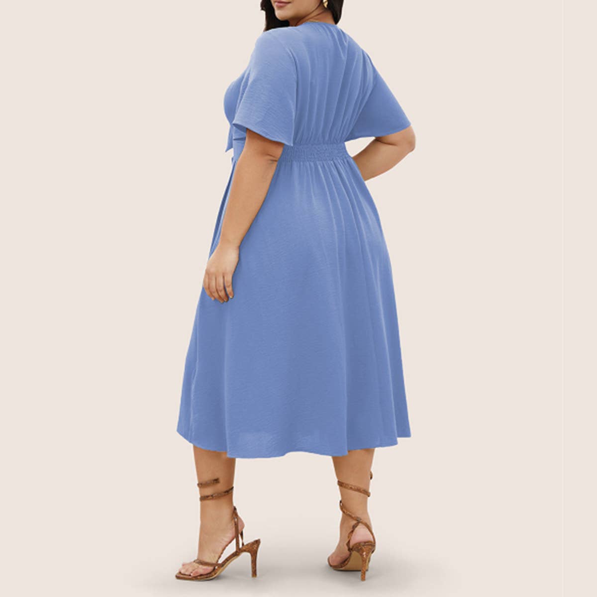 Waist Cinched V-Neck Maxi Dress Flowy Hem_Cwdhl1046