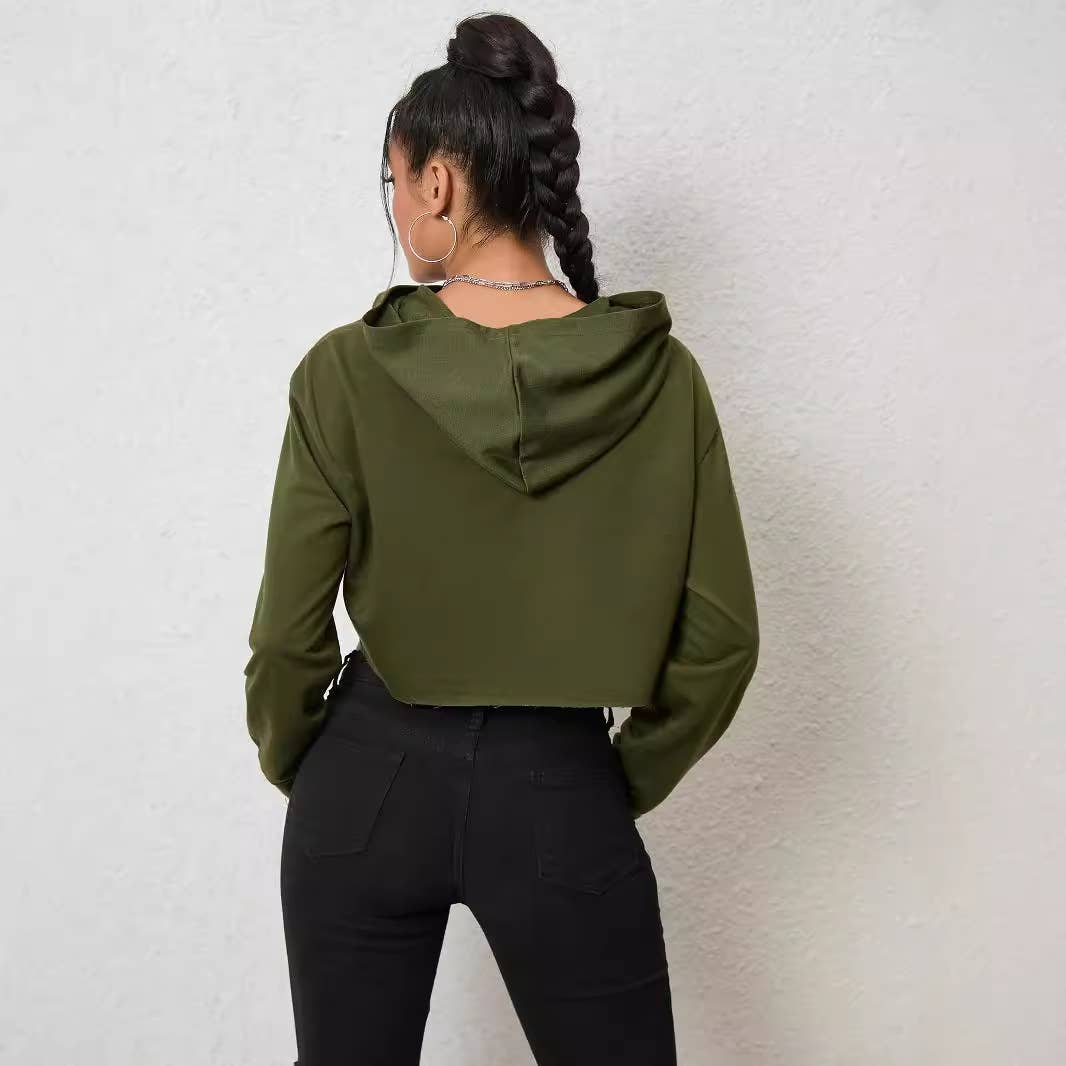 Solid Color Crop Hoodie Streetwear With Sleeves