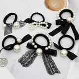 Pearl Lace Houndstooth Bow Hair Tie_Cwaha08049