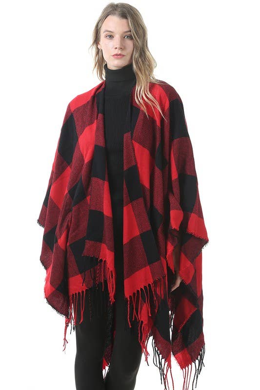 PLAID PATTERN PONCHOS CAPES COLOR BLOCK SHAWL WRAP_CWASC004