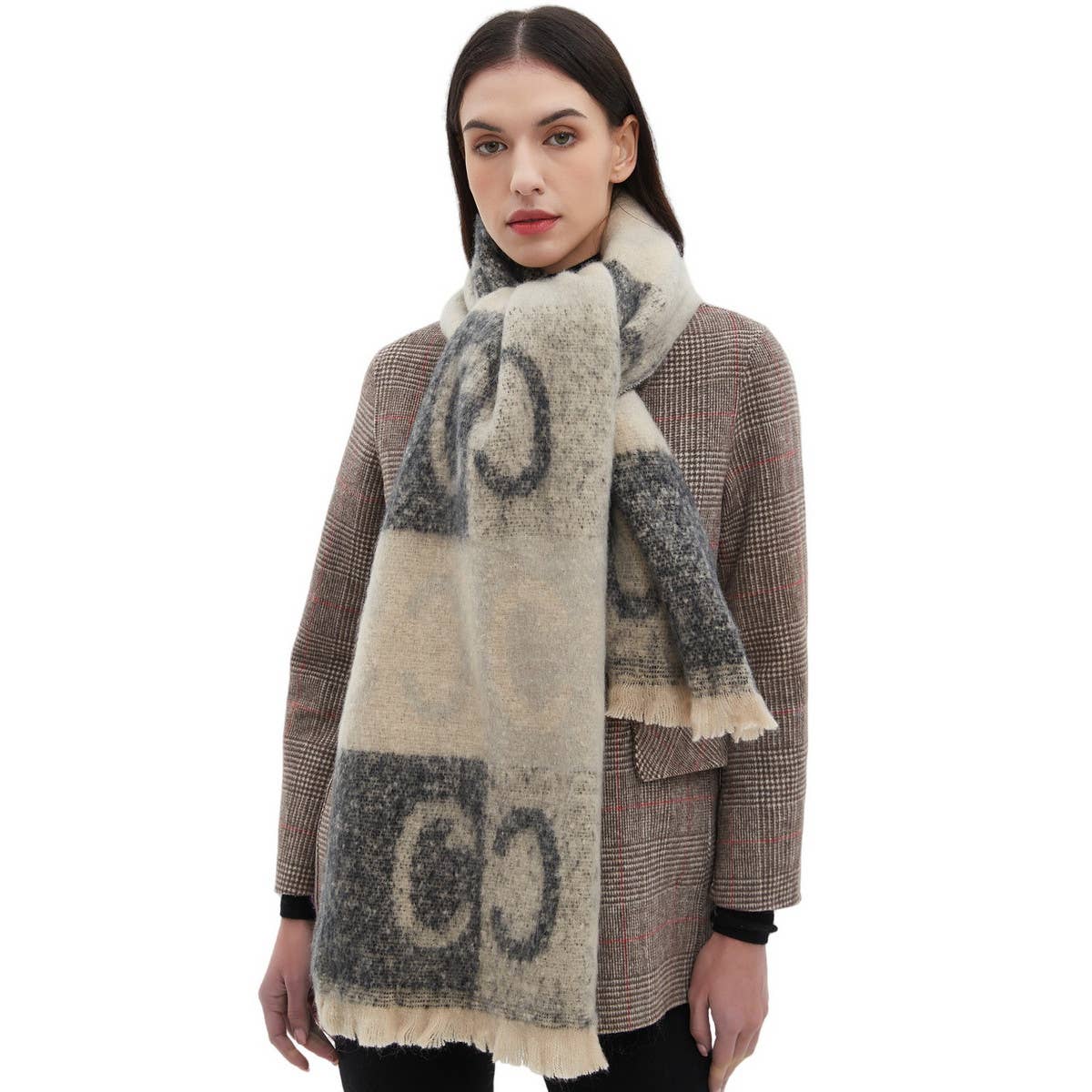 LETTER JACQUARD SCARF WINTER SHORT FRINGE WRAP_CWASC0863