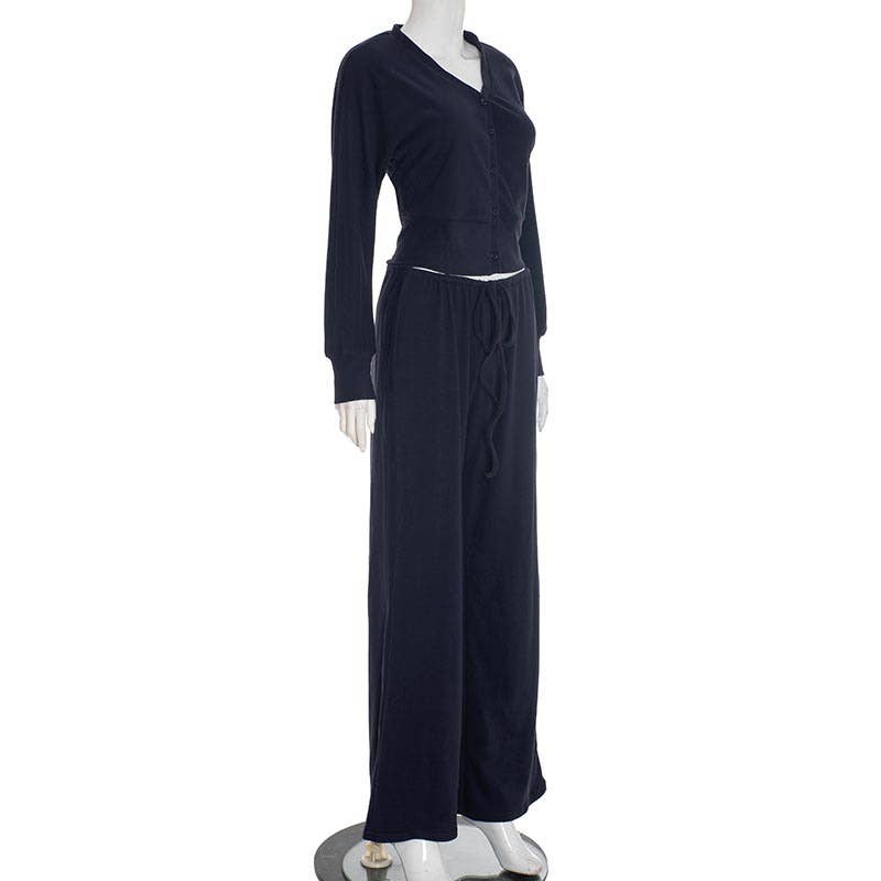 V-Neck Fitted Cardigan Lace-Up Wide-Leg Pant Set
