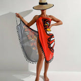 MULTI WAY BUTTERFLY PRINT TASSEL BEACH CAPE DRESS_CWBLS0489