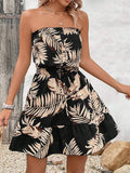 Strapless,Cinched Waist Lace-Up Printed Dress