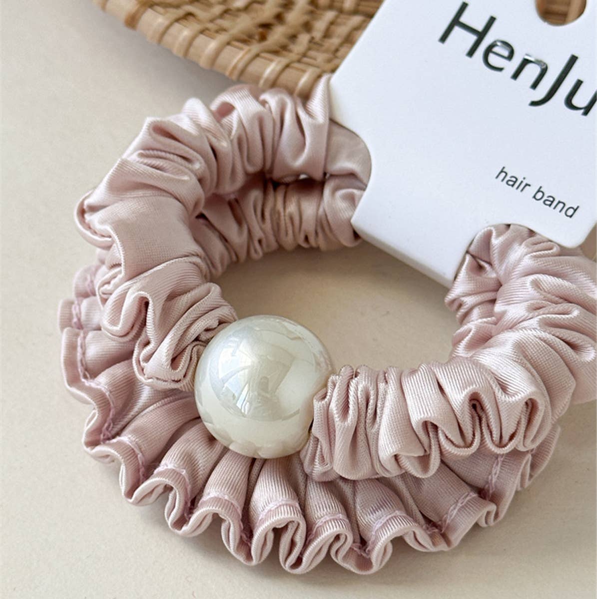 Pink Satin Bead Scrunchie Soft Hair Tie_Cwaha07599