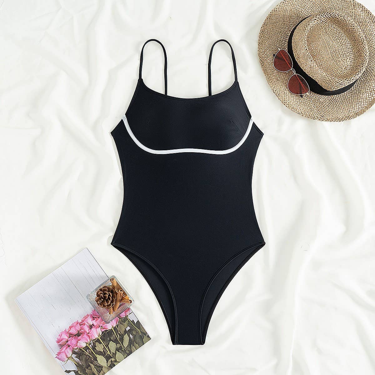 Womens Solid Color Splicing One-Piece Swimsuit