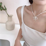 Womens Pearl Beaded Vintage Bow Necklace