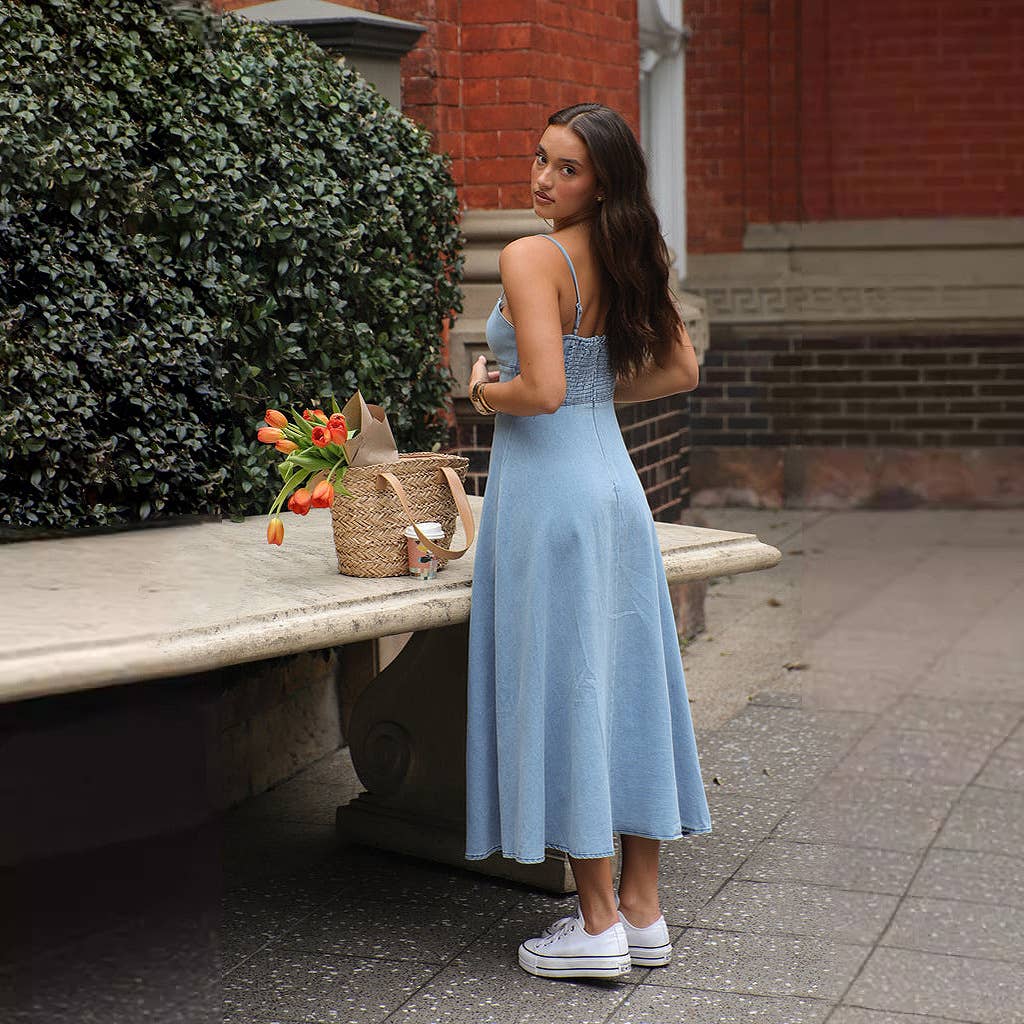 V-Neck Halter Strap Elastic Denim Long Dress