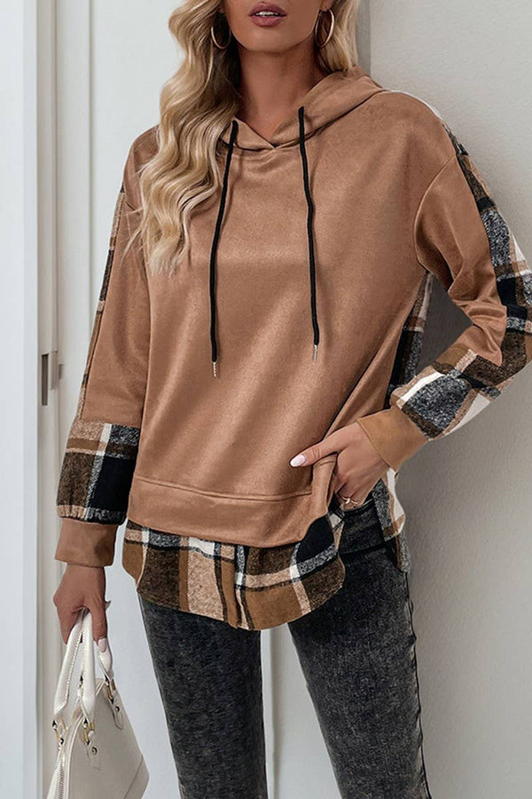 Cwohol0906_Long-Sleeved Plaid Colorblock Hooded Sweatshirt