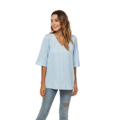 Solid Color Pullover V-Neck Loose T-Shirt