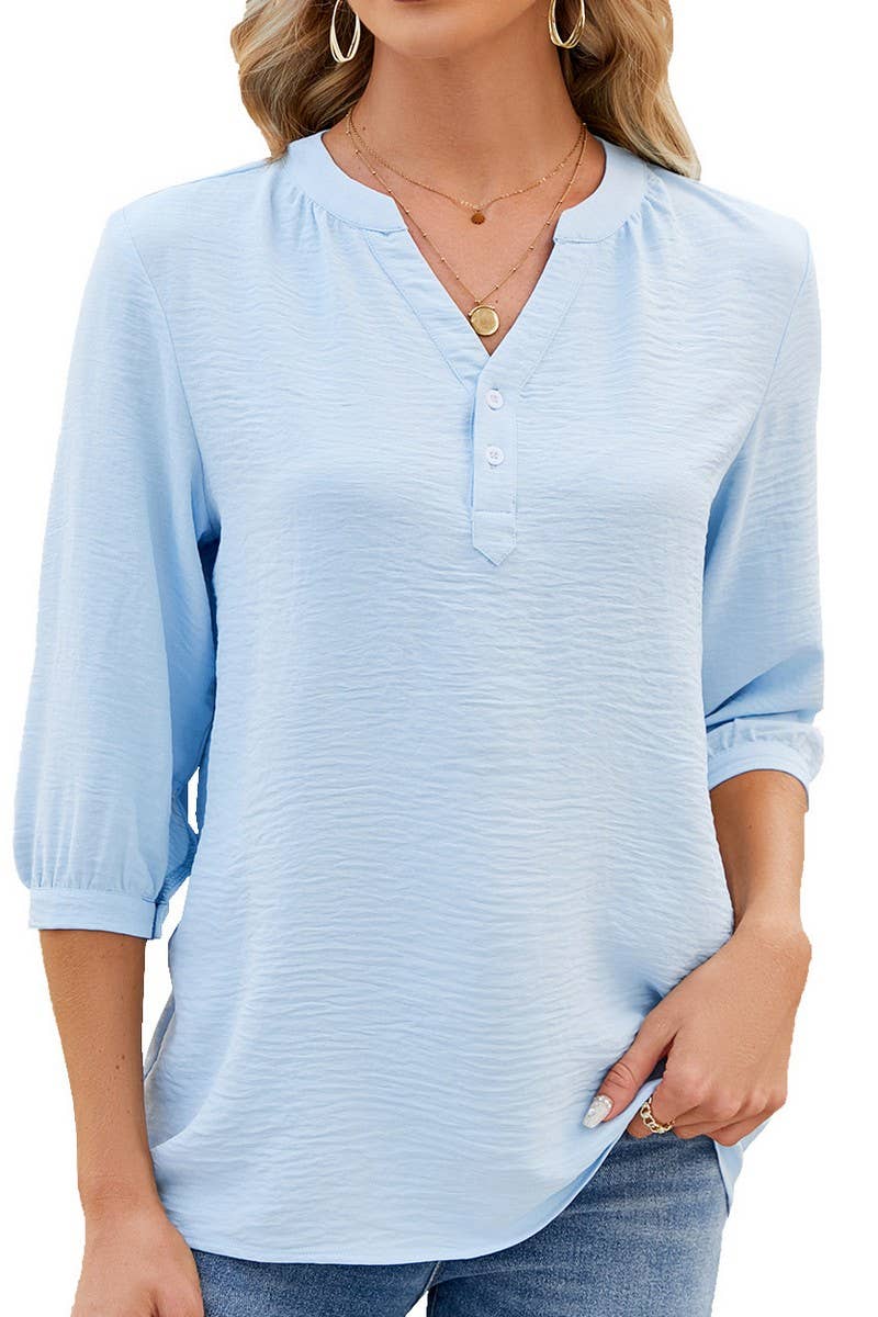 V Neck Button Solid Color Loose T Shirt_Cwtsts0188